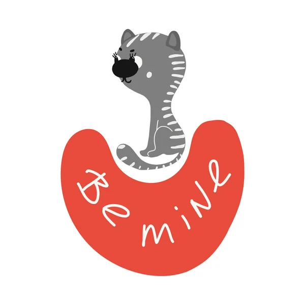 Valentines day greeting card with cute cat and text Be mine. Vector illustration. — 스톡 벡터