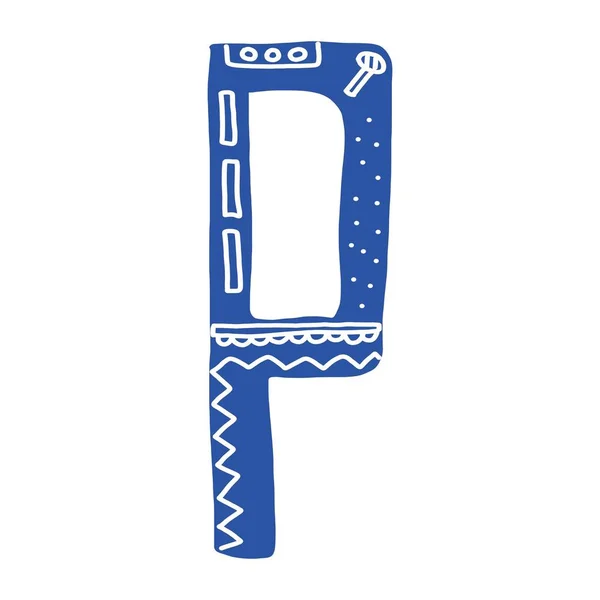 Carta P desenhada à mão com um padrão no interior. azul é a cor tendência. isolado sobre um fundo branco . — Vetor de Stock
