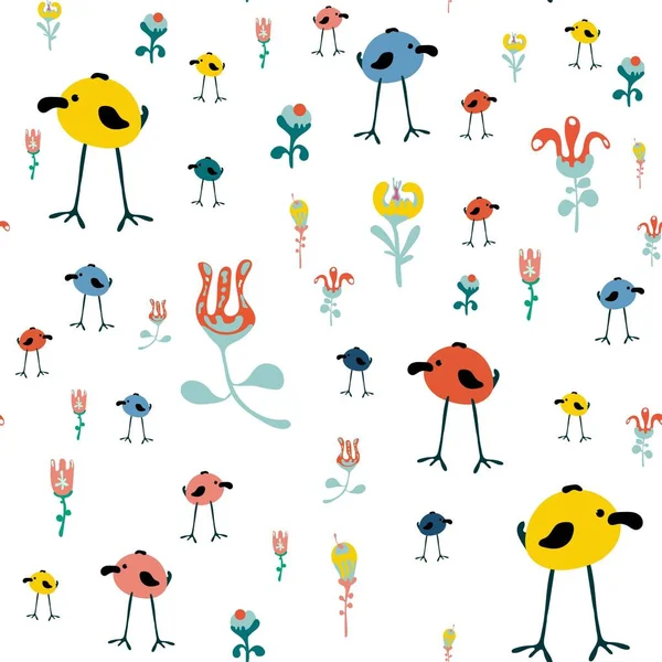 Вікторна ілюстрація з абстрактними квітами і пташиним фоном з барвистими персонажами в стилі Дудл на білому задньому плані .Безшовна патрона. упаковка, тканини, футболки, дитячі речі — стоковий вектор