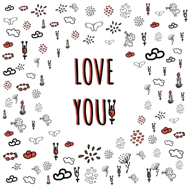 Valentine's day.Greeting card in the Doodle style and the inscription love you. cute characters are depicted on the background of the card: an angel, a candle, beads, fireworks, a flower.hand drawn. — 스톡 벡터