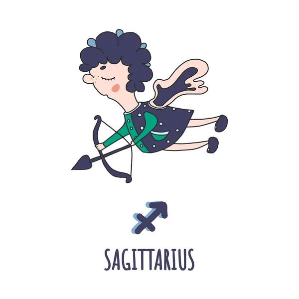 Zodiac sign Sagittarius ,lettering hand drawn in cartoon style.cute character from the constellations of horoscope.Suitable for childrens products, t-shirts, cups, calendar, postcards sticker.isolate — Stock Vector