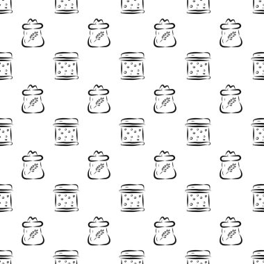 Buğday ezmeli bankalar ve oymalı yulaf ezmesi deseni. Elle çizilmiş siyah beyaz çizim. Çiftlik, depolama, etiket, tarım endüstrisi, beyaz arkaplan üzerine ambalaj kağıdı.