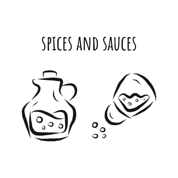 Una botella de salsa y una lata de pepper.black y blanco vector dibujado a mano ilustración e inscripción especias y salsas. Adecuado para carteles en las tiendas, embalaje, etiqueta de precio, bandera en línea, ropa de trabajo — Archivo Imágenes Vectoriales