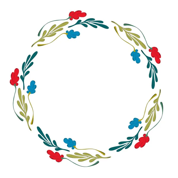 Round frame of red and blue flowers with foliage.Hand-drawn illustration in vector design for spring sales, banners, advertising, postcards, t-shirt design, weddings. isolated on a white background. — Stock Vector