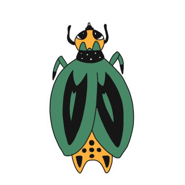 Çizgi film tarzında bir böceğin el çizimi tasviri. Yeşil bronzlaştırıcı böcek. Beyaz bir arka planda izole edilmiş. Çocuk kitapları, tişörtler, kupalar, posterler, kartpostallar, boyamalar için uygun..