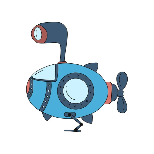 Blue submarine with a periscope.Simple vector hand-drawn illustration in cartoon style.isolated on a white background.Suitable for printing on children 's clothing, t-shirts, cups, postcards, books . — стоковый вектор