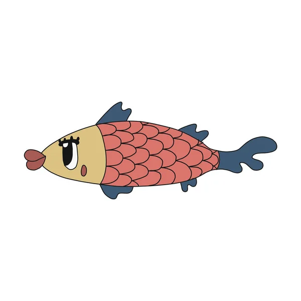 Pesce dei cartoni. Il personaggio più divertente.Illustrazione vettoriale disegnata a mano isolata su sfondo bianco.Puoi usarla per progettare tazze, cartoline, abbigliamento per bambini, design di t-shirt e tessuti . — Vettoriale Stock