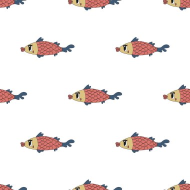 Şirin balıklı vektör dikişsiz desen. Beyaz arka plan üzerine çizgi film tarzında el çizimi çizimi. Kumaş tasarımı, çarşaf, tişört tasarımı, kupa tasarımı, ambalaj kağıdı tasarımı için uygun.