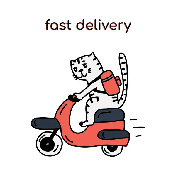 Entrega de alimentos um personagem gato alegre monta uma scooter com uma ordem em uma grande mochila.ilustração vetor desenhado à mão no estilo dos desenhos animados.Adequado para serviços de entrega, aplicativos móveis, sites, logotipos — Vetor de Stock