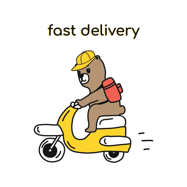 Entrega de alimentos un personaje oso alegre monta una scooter con un pedido en una mochila grande. ilustración vectorial dibujado a mano en estilo de dibujos animados. Adecuado para servicios de entrega, aplicaciones móviles, sitios web, logotipos — Vector de stock