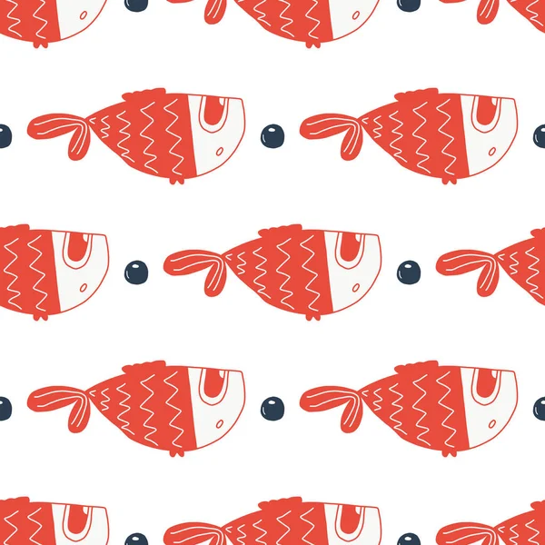 Vector seamless pattern with cute red fish.color hand-drawn illustration in the cartoon style on white background.suitable for fabric design, bed linen,t-shirt design, mug design, packaging paper. — Stock Vector