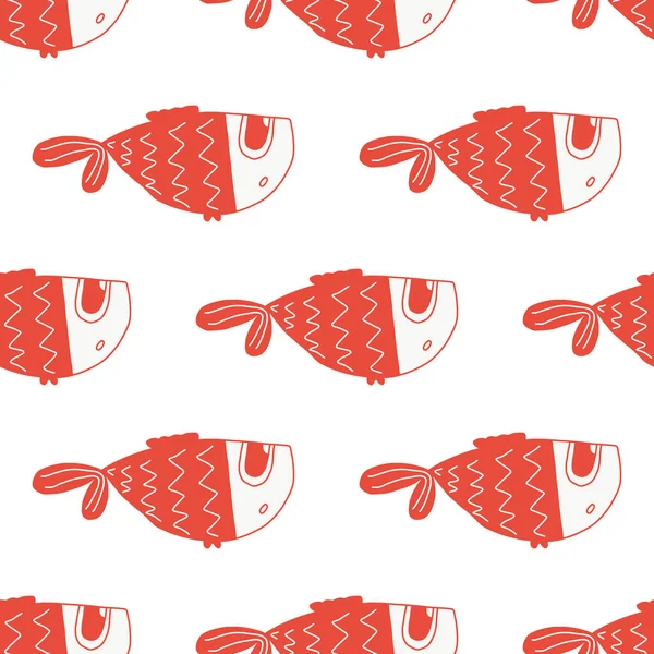 Vector naadloos patroon met leuke rode vis.color met de hand getekend illustratie in de cartoon stijl op witte achtergrond.Geschikt voor stof ontwerp, beddengoed, t-shirt ontwerp, mok ontwerp, verpakking papier. — Stockvector