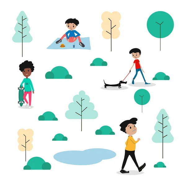 Ilustración vectorial en un diseño plano de un grupo de personas al aire libre en un parque los fines de semana.Hombres con un perro, niño con un longboard, hombres que caminan, niño con una hamburguesa. para carteles, libros infantiles, y — Archivo Imágenes Vectoriales