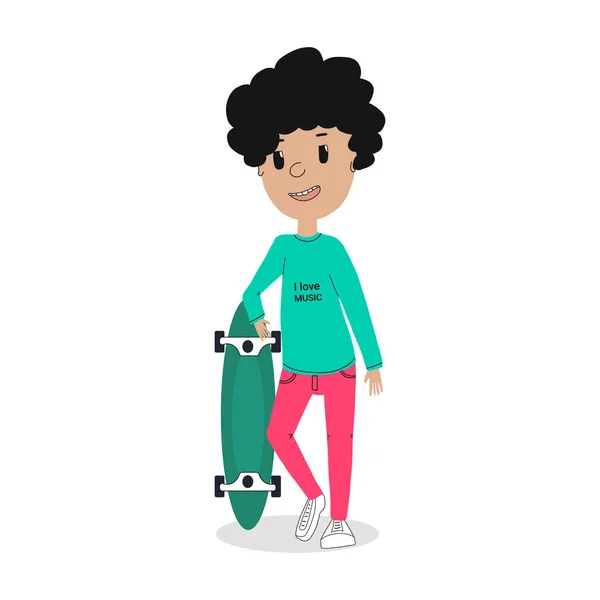 Netter Hipster-Charakter. Skater-Typ mit Longboard auf der Straße. Vector-Illustration in flachem Design. Für Poster, Kinderbücher und Webseiten-T-Shirt-Design. — Stockvektor