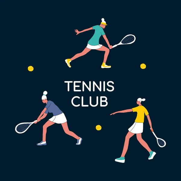 Tennis players with tennis rackets.Sports concept with the inscription tennis club.vector illustration in flat style.three girls in different poses hit the ball.for posters,postcards,banners,t-shirts