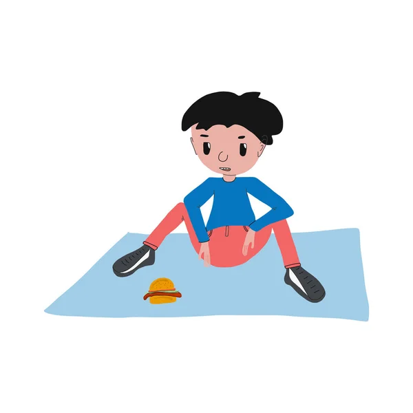 Netter Junge Charakter. der Kerl sitzt im Park auf einer Decke und blickt auf einen Hamburger. Vector-Illustration in flachem Design. Für Poster, Kinderbücher und Webseiten, T-Shirt-Design. — Stockvektor