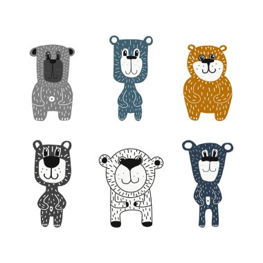 Sevimli ayılar. Çizgi film tarzında çizilmiş vektör illüstrasyonu. Beyaz bir arkaplanda izole edilmiş ayı yüzleri. Kartpostallar, çocuk kıyafetleri, kumaş tasarımı, çıkartmalar, posterler, kupalar veya tişört tasarımı için uygun..