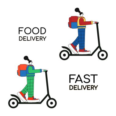 Yemek dağıtan adam büyük bir sırt çantasıyla scooter 'a biniyor. düz karakter tasarımı. Taze ürünlerin hızlı dağıtımı konsepti. Vektör illüstrasyonu. Beyaz bir arkaplanda izole edilmiş. Broşürler için, web sitesi için.