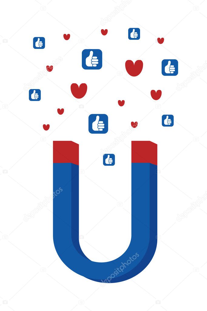 Social media concept vector illustration with magnet engaging followers and likes. Influence marketing or viral advertising campaign. Audience or customer retention strategy.