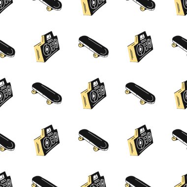 Kaset kaydedici ve kaykaylı kusursuz vektör şablonu. Doodle ikonu elemanları. Komik çocuklar çiziyor. Duvar kağıdı, kumaş tasarımı, kumaş, kağıt, tekstil, arkaplan kullanılabilir.