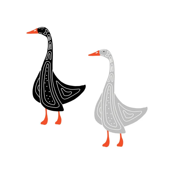 手描きのガチョウが孤立している 刻まれたベクトルイラストスタイル あなたのデザインの仕事のためのテンプレート生地 バナー ポストカード 子供の本に適した民俗パターンを持つ2羽の鳥の黒とグレー — ストックベクタ