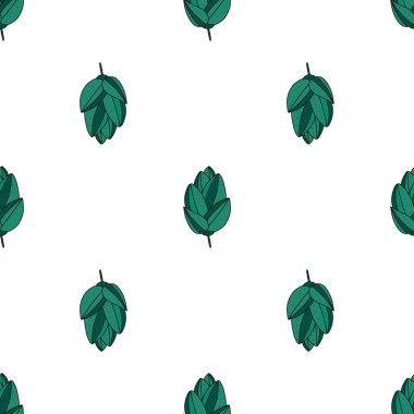 Elle çizilmiş oyma stili. Hops kusursuz desen. Yaygın zıplamalar ya da külahlı humulus lupulus. Beyaz arka planda koyu yeşil çiçekler. Vektör çiçek arka planı. Kumaşlar, markalaşma tasarımı.