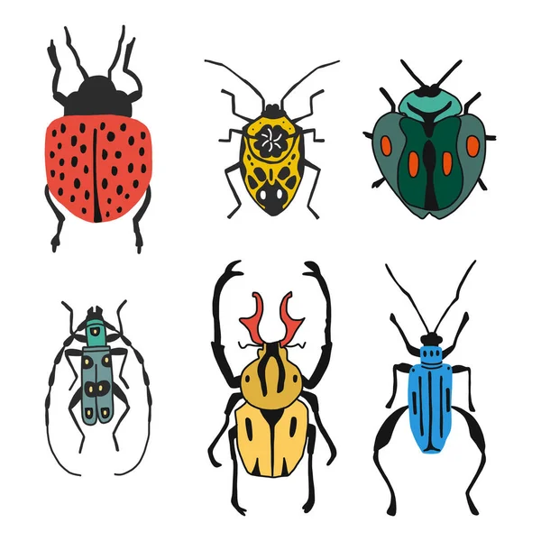 フラットスタイルで白の背景に隔離された虫や甲虫の異なる種類のセット 詳細なイラストのバグやカブトムシ 昆虫のコレクション ベクターイラスト — ストックベクタ
