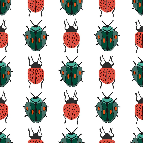 カラフルな虫とシームレスなパターン 白い背景に小さなカブトムシの明るいベクトル図面 手描きのフラットデザイン生地 包装紙 食器類デザイン ウェブサイトのバナー 壁紙のための — ストックベクタ