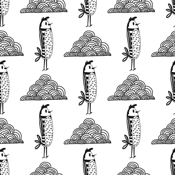 Handdrawn Seamless Pattern Doodle Clouds Birds Vector Monochrome Illustration White — Stock Vector