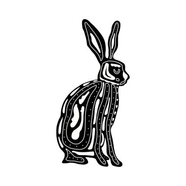 Folk monokrom tavşanı beyaz arka planda izole edilmiş. İskandinav tarzında çizilmiş bir el çizimi. Kartpostallar, posterler, kumaşlar, afişler ve sofra takımı tasarımları için.