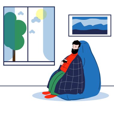 Kırmızı ekoseyle kaplı bir sandalyenin üzerinde oturan bir adamın vektör çizimi. Adam hastalanıyor ve sıcak bir içki içiyor. Virüs tehlikesi konsepti, yüksek ateş, hastalık belirtileri