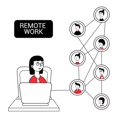 Uzaktan çalışma, serbest çalışma, bilgi teknolojisi, evdeki iş yeri. Vector Illustration in flat style, infographic Eleents. Covid-19 sırasında evden internet ağları üzerinden çalışma kavramı..