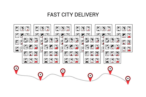El concepto de entrega exprés. Logística de entrega rápida en una ciudad con una población de millones y rascacielos. para aplicaciones, sitios web, banners de servicio de entrega y tiendas.Ilustración vectorial . — Vector de stock