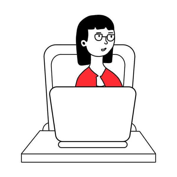 La chica está sentada en una mesa y trabajando en una computadora. El concepto de trabajo remoto durante la cuarentena. ilustraciones de diseño vectorial dibujado a mano en un estilo plano aislado sobre un fondo blanco . — Archivo Imágenes Vectoriales
