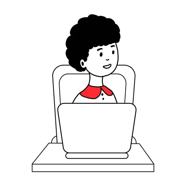 A menina está sentada em uma mesa e trabalhando em um computador. O conceito de trabalho remoto durante a quarentena. desenho vetorial desenhado à mão ilustrações em um estilo plano isolado em um fundo branco . —  Vetores de Stock