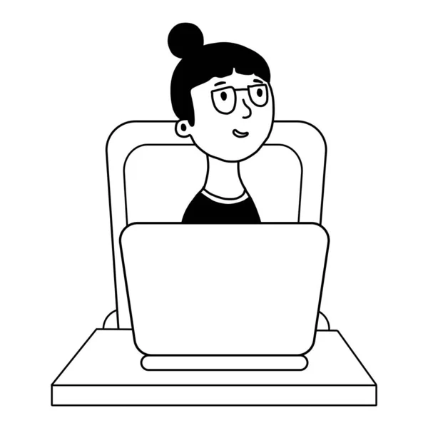 A menina está sentada em uma mesa e trabalhando em um computador. O conceito de trabalho remoto durante a quarentena. desenho vetorial desenhado à mão ilustrações em um estilo plano isolado em um fundo branco . —  Vetores de Stock