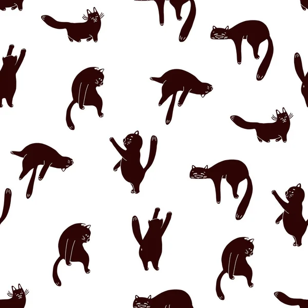 Motif vectoriel sans couture avec un chat noir dessiné à la main dans différentes poses sur fond blanc. vous pouvez l'utiliser pour Fond d'écran, remplissage de dessin, fond de page Web, textures de surface, linge de lit, tissu . — Image vectorielle