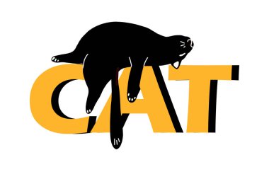 Tembel bir kara kedi büyük harflerle yazının üzerine yatar kedi .Vektör çizimi beyaz bir arkaplanda izole edilmiş bir karikatür tarzında. Kartpostallar, şapka tasarımları, posterler, kupalar için uygun.