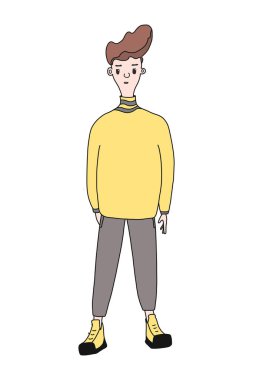 Gündelik giysiler ve spor ayakkabılar giyen bir genç. Düz bir şekilde vektör illüstrasyonu. beyaz arkaplanda izole edilmiş.