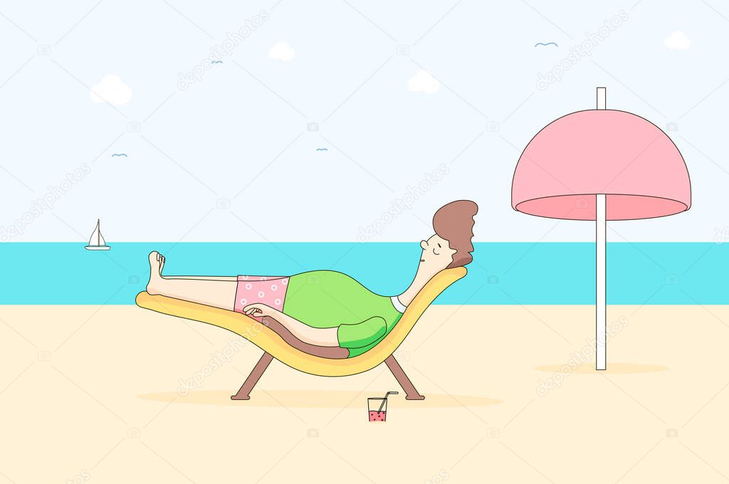 A young man on the beach is relaxing and drinking a cocktail under the scorching sun. near the tent from the sun. Modern style with a pastel palette blue tinted background with unsaturated clouds and