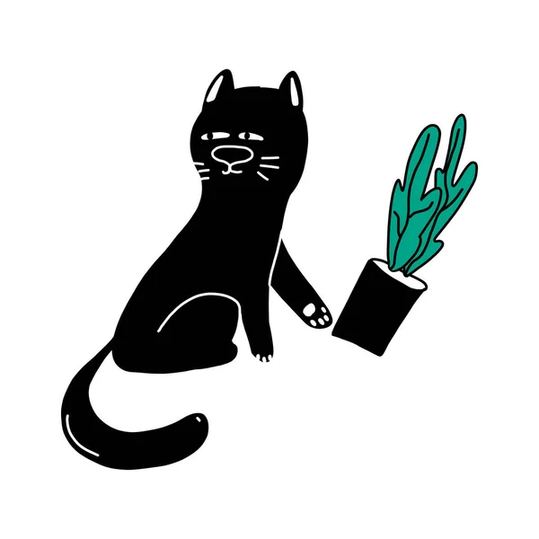 Funny gato silueta negra para su diseño. ilustración vectorial aislada sobre un fondo blanco. el gato deja caer una olla con una flor.para postales, planificación, carteles, pancartas, diseño de camisetas. mano dibujada — Vector de stock