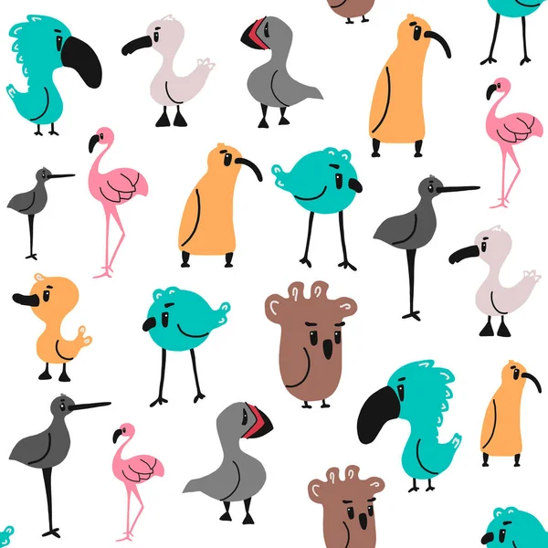 Increíble patrón lindo pájaro colorido sin costuras. ilustración vectorial en estilo doodle sobre fondo blanco. diferentes aves se paran una al lado de la otra en orden aleatorio . — Vector de stock