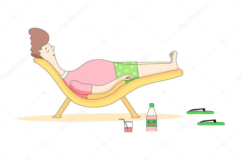 man on vacation.the guy is lying in a sun lounger and taking a sun bath.Next to it is a bottle and a glass with a cocktail and flip-flops. vector illustration of isolated.the concept of a beach