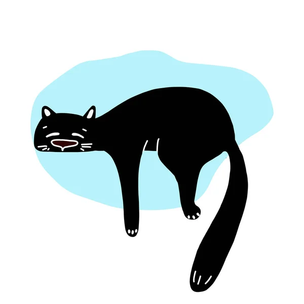 目を閉じて胃の上に横たわるかわいい面白い黒猫の手描きベクトルイラスト。白い背景に孤立したオブジェ。手描き。プリント入りポスターTシャツのデザインコンセプト. — ストックベクタ