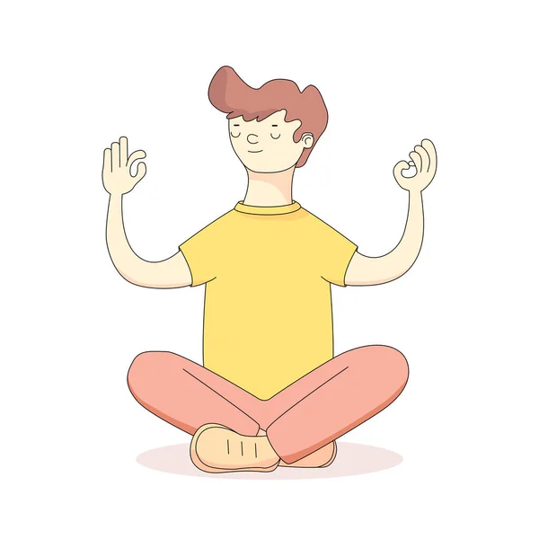 Genç bir adam Lotus pozisyonunda meditasyon yapar. Uyum, rahatlama, ruhsal enerji. Çizgi film stilinde vektör illüstrasyonu.Düz çizim. Beyaz bir arkaplanda izole edilmiş. Pankartlar, makaleler ve tişörtler — Stok Vektör