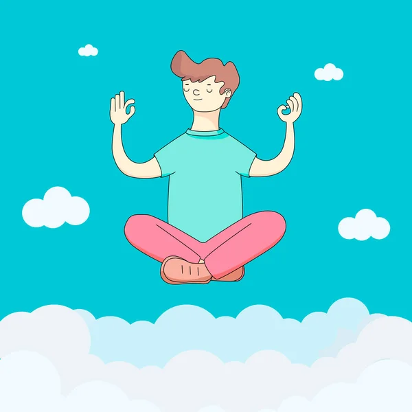 Una persona hace yoga en el cielo con nubes. El yogui se sienta en Padmasana en la posición del Loto, medita, se relaja, se calma y lidia con el estrés. Ilustración vectorial de diseño plano. para redes sociales — Archivo Imágenes Vectoriales