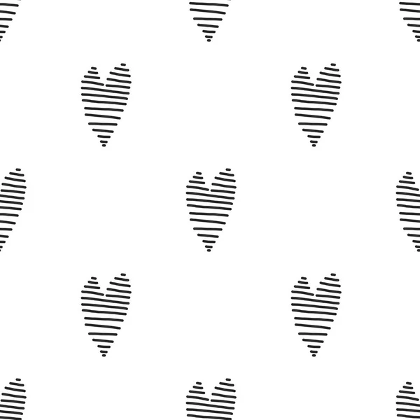 手描きハートのドドルシームレスなパターン。白い背景に線で描かれた黒いハートのベクターイラスト。包装や生地や背景のために. — ストックベクタ