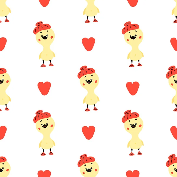 Patos garabato dibujado a mano patrón sin costuras. ilustración vectorial con corazones rojos y pájaro amarillo sobre un fondo blanco. para envases, tejidos o fondos . — Vector de stock