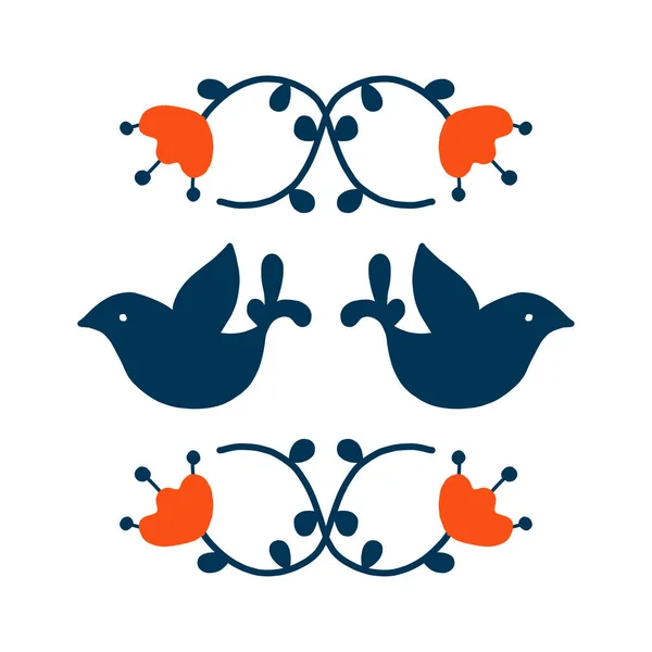 Folkkonst vektor rund Dekorativ ram med fåglar och blommor, skandinavisk design. Retro bakgrund inspirerad av svensk och norsk traditionell stil. för bröllopsinbjudningar — Stock vektor