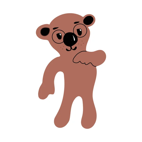 Mignon ours brun en dessin animé style.Teddy dans les lunettes rondes montre un doigt sur son cœur. caractère pour la conception d'affiches, t-shirts, articles pour enfants, jouets. Isolé sur un fond blanc.vecteur — Image vectorielle